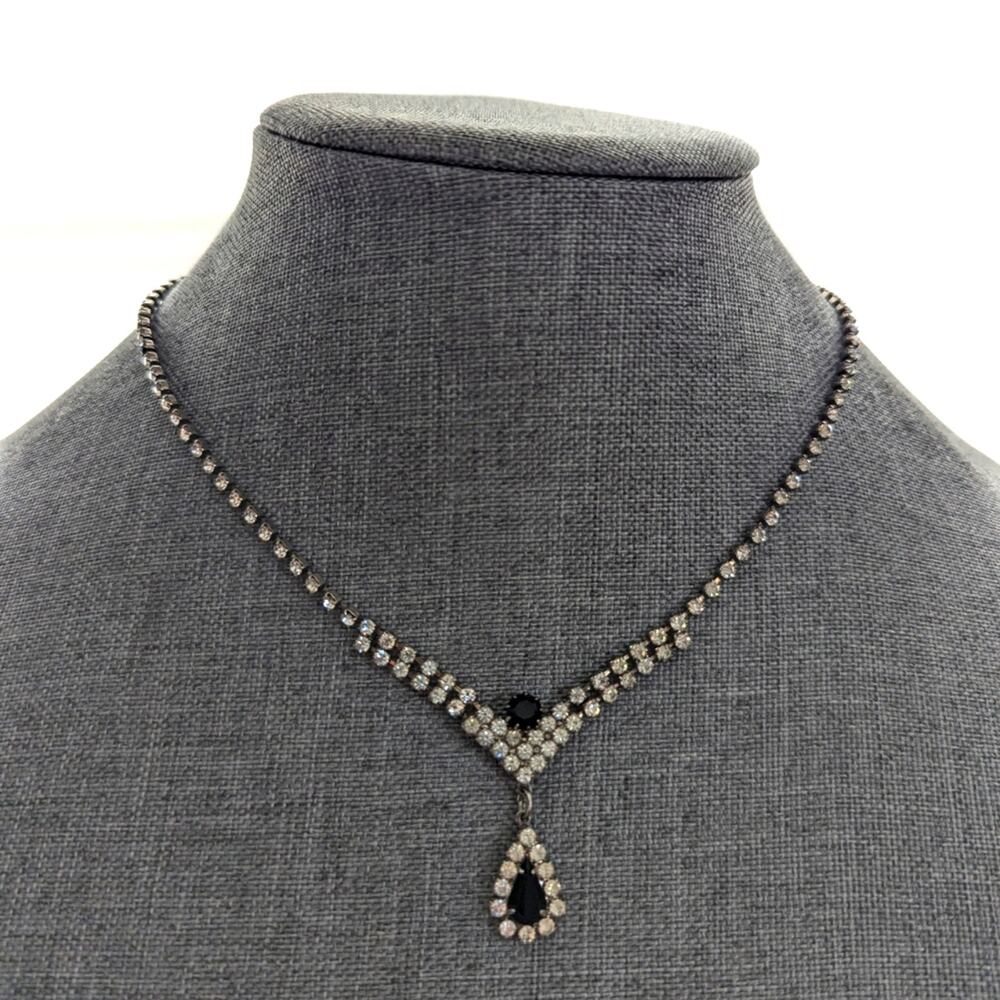 Vintage Retro Glam Glass Rhinestone Dangle Teardrop Faux Onyx Pendant Necklace